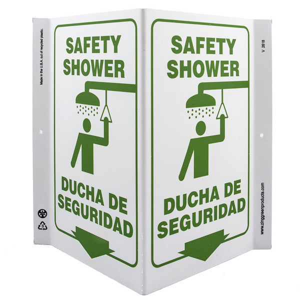 Bilingual English/Spanish Safety Shower Wall-Projecting V-Sign w/ Icon and  Down Arrow