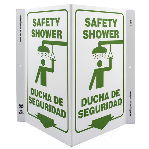 Picture of the Bilingual English/Spanish Safety Shower Wall-Projecting V-Sign w/ Icon and Down Arrow.