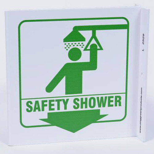Photograph of the Safety Shower Wall-Projecting L-Sign w/ Graphics and Down Arrow.