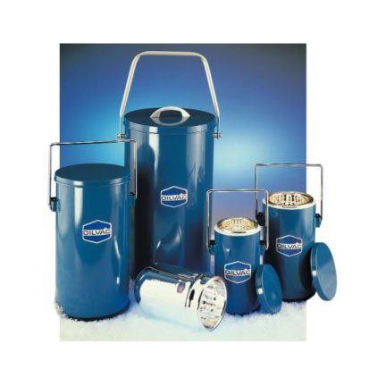 A photograph of 25000 DILVAC blue metal-cased glass Dewar flasks, with 4.5, 10, 1, and 2 liter flasks shown (left to right).