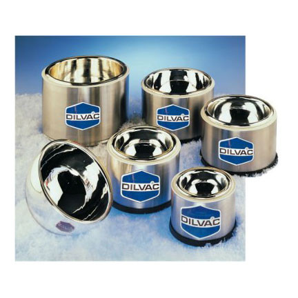 A photograph of several 25002 DILVAC low-profile stainless steel-cased glass dewar flasks.