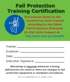 A photograph of front and back of a 11503 fall protection training certification card, with 50 per package.