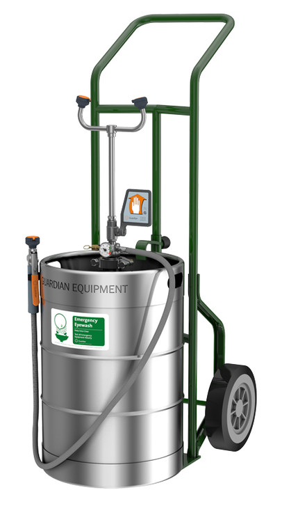 A photograph of a G1562 portable eye wash station (sold separately) being used with a Guardian AP200-013 Two Wheel Hand Cart.