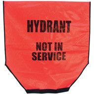 A photograph of a red 09356 heavy-duty fire hydrant cover, reading hydrant not in service.