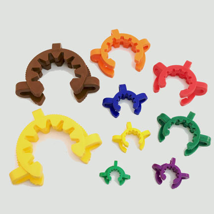A photograph of several 24000 plastic standard taper joint clips, in varying sizes and colors, with 10 per package.