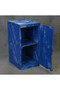A photograph of a blue 02071 Eagle Modular Quik-Assembly™ Polyethylene Acid and Corrosive cabinet with 12 gallon capacity and door open.