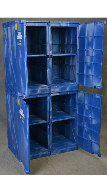 A photograph of a blue 02073 Eagle Modular Quik-Assembly™ Polyethylene Acid and Corrosive cabinet with 48 gallon capacity and door opened.