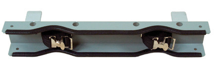 A photograph of a standard 26001 2-cylinder bench-mounted gas cylinder support bracket with straps.
