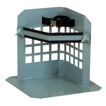 A photograph of a 26010 low-profile single gas cylinder floor-mounted storage stand with strap.