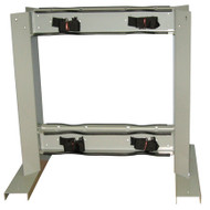 A photograph of a 26014 4 gas cylinder floor-mounted back to back storage stand with straps.