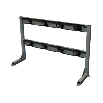 A photograph of a 26015 4 gas cylinder floor-mounted storage stand with straps.