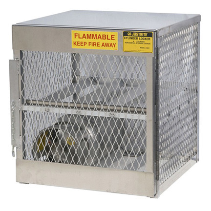 A photograph of an aluminum 26050 4-cylinder horizontal LPG cylinder locker.