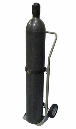 A photograph of front of a 26070 single gas cylinder hand truck with strap and gas cylinder installed.