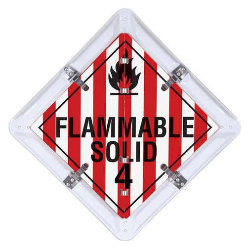 A photograph of a  15-legend DOT fuel flip placard system, with Flammable Solid legend.