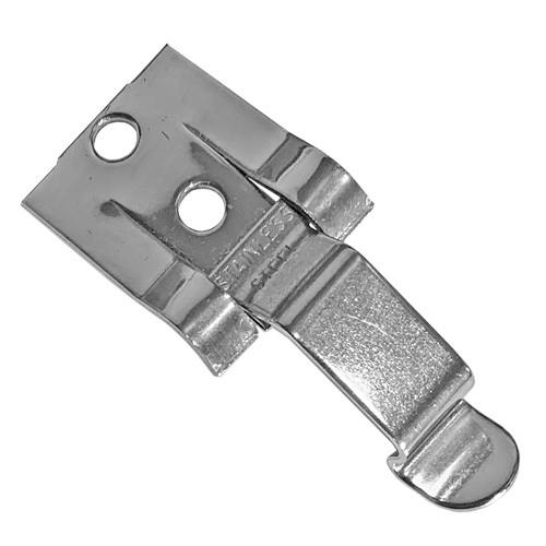 A photograph of a 03185 stainless steel DOT placard holder clip for flip placard systems.