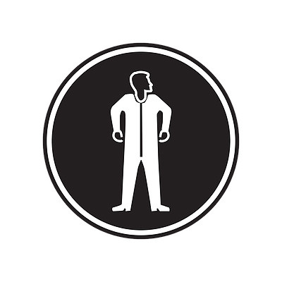 A photograph of a self-adhesive 01848 full protective suit GHS PPE laboratory pictogram label pad.