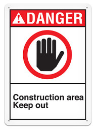 A photograph of a 01626 danger, construction area keep out ANSI sign with hand graphic.