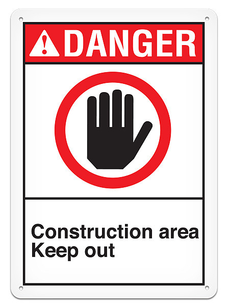 A photograph of a 01626 danger, construction area keep out ANSI sign with hand graphic.