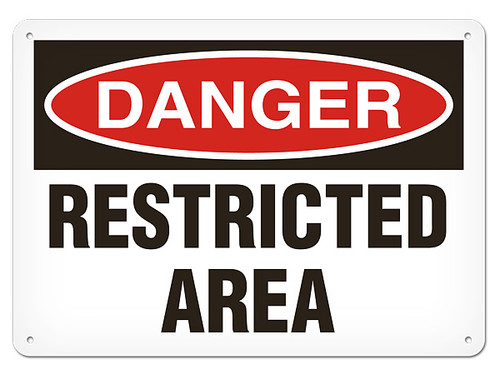 A photograph of a 01640 danger, restricted area OSHA sign.