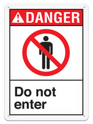 A photograph of a 01628 danger, do not enter ANSI sign with prohibition icon.