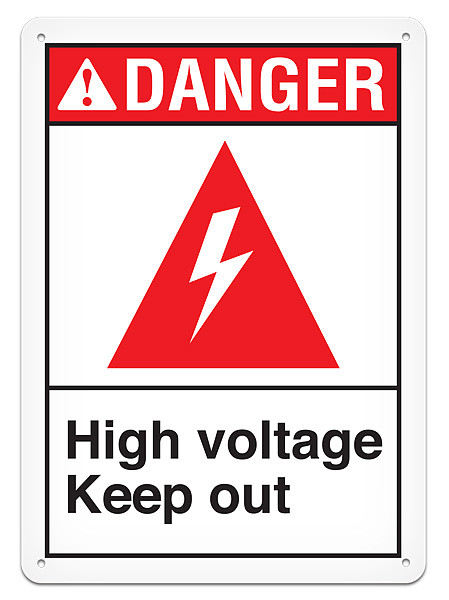 A photograph of a 01633 danger, high voltage keep out ANSI sign with high voltage icon.
