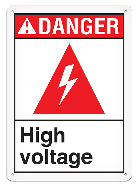 A photograph of a 01634 danger, high voltage ANSI sign with high voltage icon.
