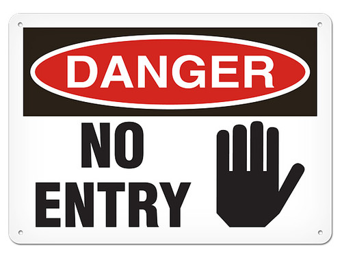 A photograph of a 01631 danger, no entry OSHA sign with hand graphic.