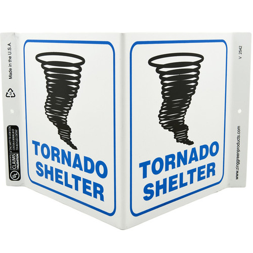 Picture of the Tornado Shelter Wall-Projecting V-Sign w/ Tornado Icon.