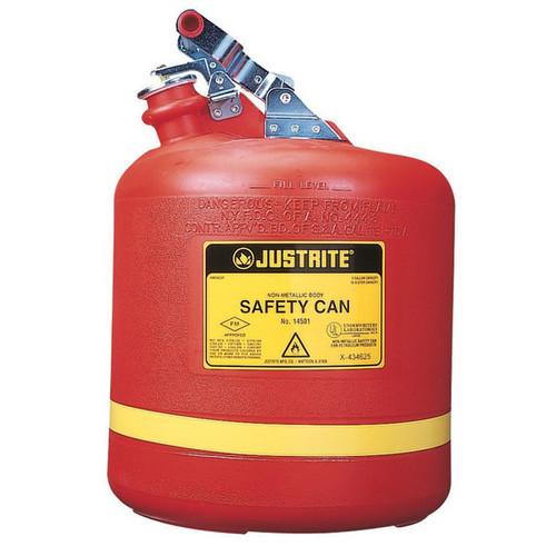 A photograph of a red polyethylene 02116 Justrite type I safety can, with 5 gallon capacity.