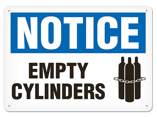 A photograph of a 01573 notice empty cylinders OSHA sign with chained cylinders icon.