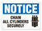 A photograph of a 01730 notice chain all cylinders securely OSHA sign with chained cylinders icon.
