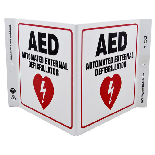 Picture of the AED Automated External Defibrillator Wall-Projecting V-Sign w/ Heart Icon.