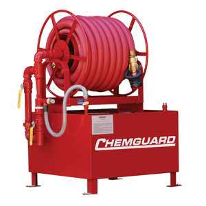 A photograph of a red 50202 Chemguard fixed hose reel foam station, available in 36 and 60 gallon sizes.