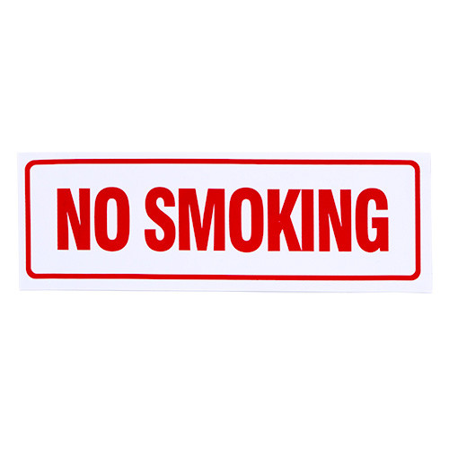 A photograph of a self-adhesive vinyl 01579 no smoking sign, with dimensions 12" w x 4" h.