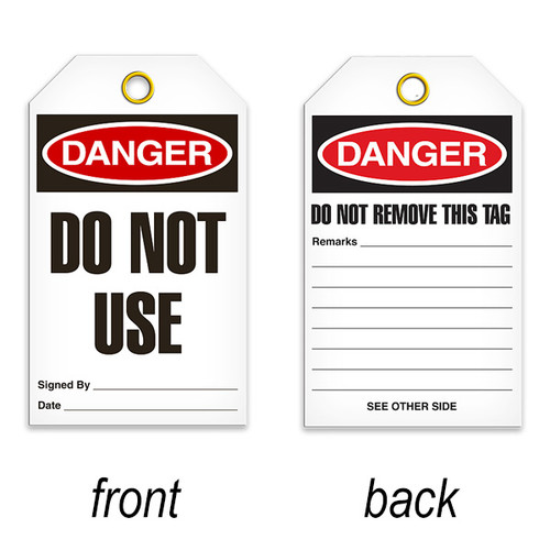 A photograph of front and back of a 07086 tag, reading danger do not use, with 25 per package.