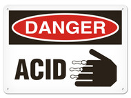 A photograph of a 01553 Danger, Acid OSHA sign with corrosive icon.