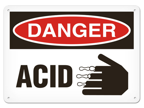 A photograph of a 01553 Danger, Acid OSHA sign with corrosive icon.