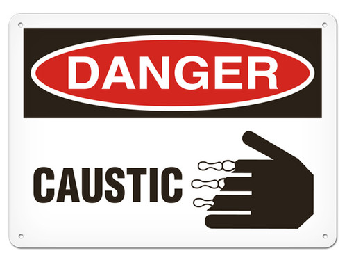 A photograph of a 01554 danger, caustic OSHA sign with corrosive icon.