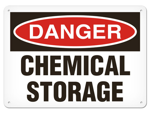 A photograph of a 01555 danger, chemical storage OSHA sign.