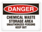 A photograph of a 01556 danger, chemical waste storage area unauthorized persons keep out OSHA sign.