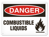 A photograph of a 01557 danger, combustible liquids OSHA sign with flame icon.