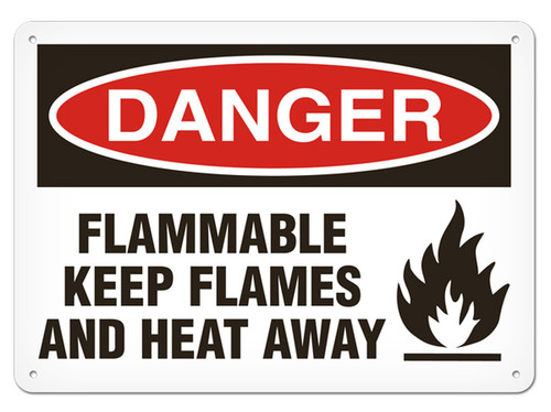 A photograph of a 01559 danger, flammable keep flames and heat away OSHA sign with flame icon.