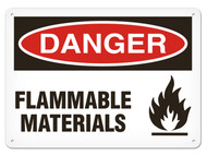A photograph of a 01561 danger, flammable materials OSHA sign with flame icon.
