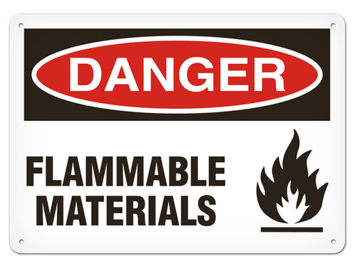 A photograph of a 01561 danger, flammable materials OSHA sign with flame icon.