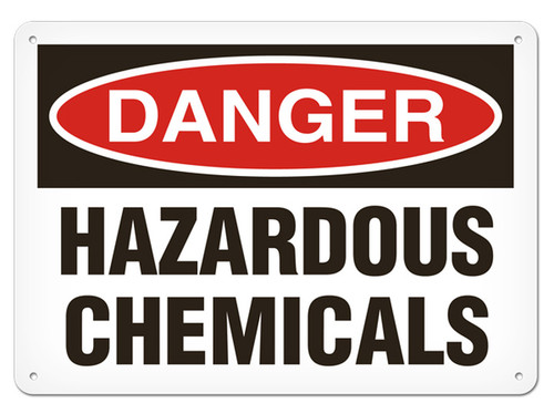 A photograph of a 01565 danger, hazardous chemicals OSHA sign.