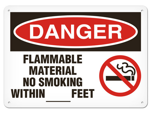 A photograph of a 01563 danger, flammable material no smoking within __ feet OSHA sign with no smoking icon.