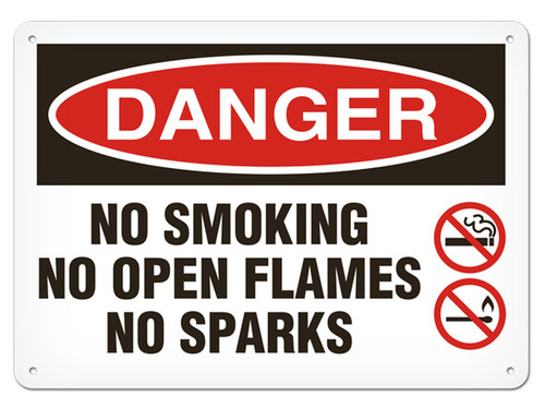 A photograph of a 01564 danger, no smoking no open flames no sparks OSHA sign with no smoking and no flame icons.