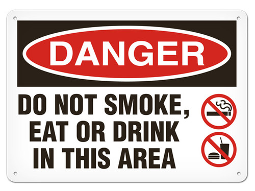 A photograph of a 01566 danger, do not smoke, eat or drink in this area OSHA sign with no smoking and no flame icons.