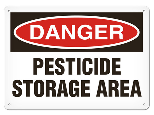 A photograph of a 01569 danger, pesticide storage area OSHA sign.