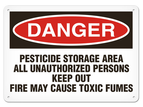 A photograph of a 01570 danger, pesticide storage area all unauthorized persons keep out fire may cause toxic fumes OSHA sign.